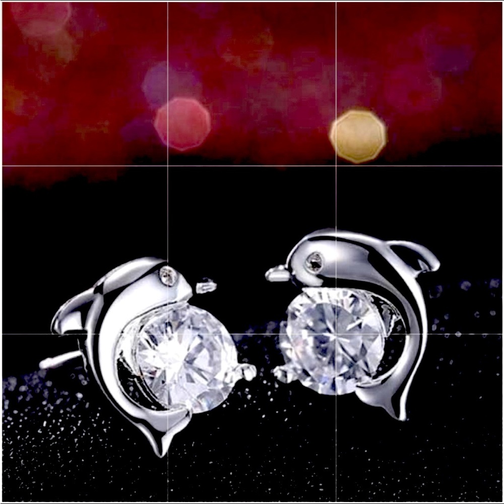 925 Sterling Silver Inlay Cubic Zirconia Dolphin Stud Earrings